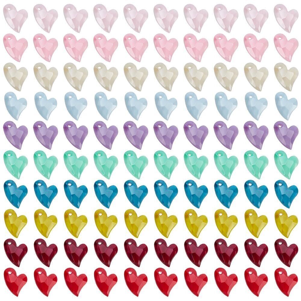 2349 200Pcs 10 Colors Acrylic Heart Charms 11mm Colorful Faceted Heart